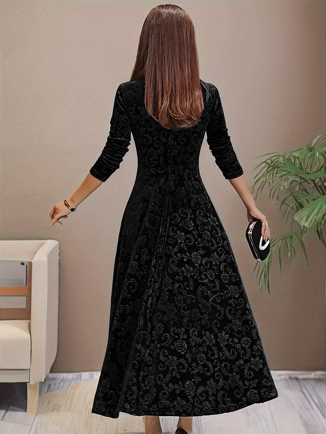Velvet Midi Dress Square-Neck A-Line Embossed Floral