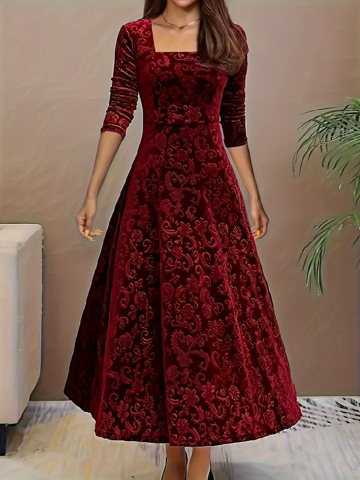 Velvet Midi Dress Square-Neck A-Line Embossed Floral