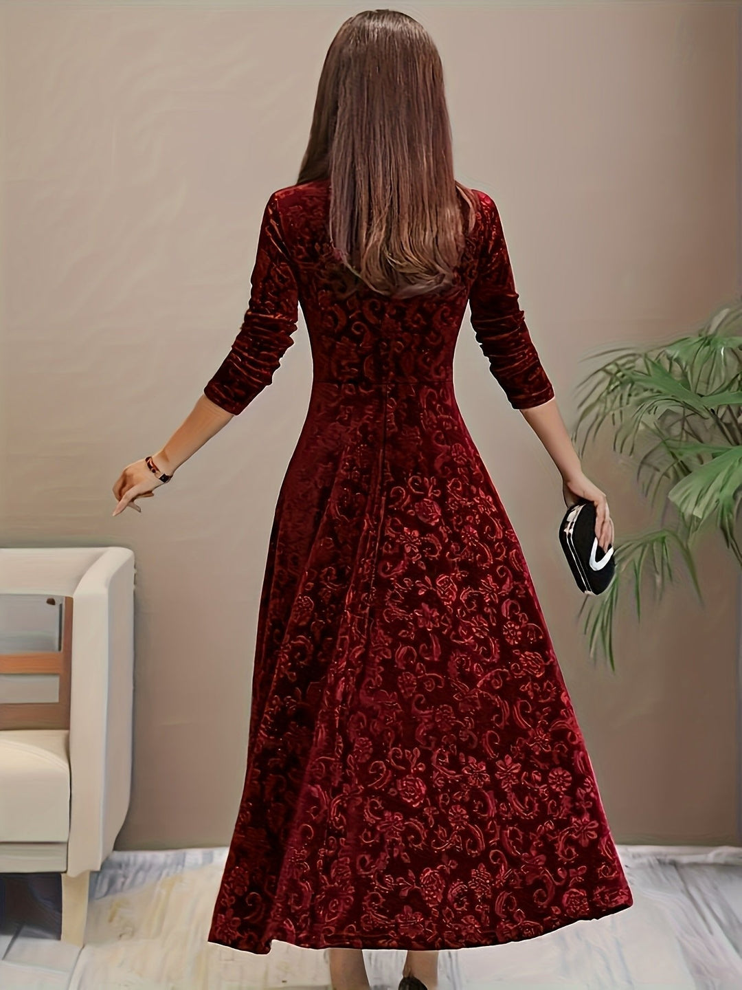 Velvet Midi Dress Square-Neck A-Line Embossed Floral