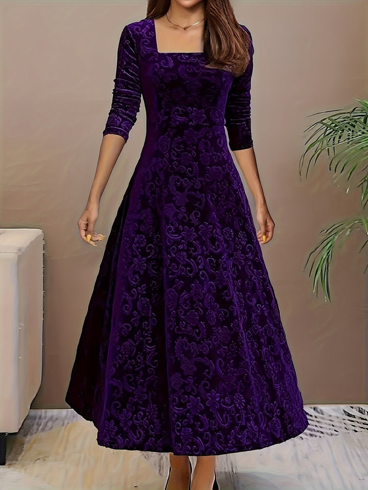 Velvet Midi Dress Square-Neck A-Line Embossed Floral