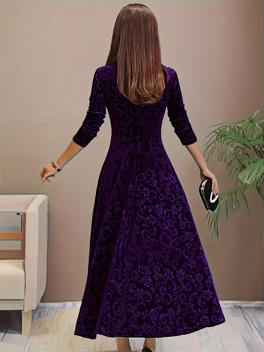Velvet Midi Dress Square-Neck A-Line Embossed Floral