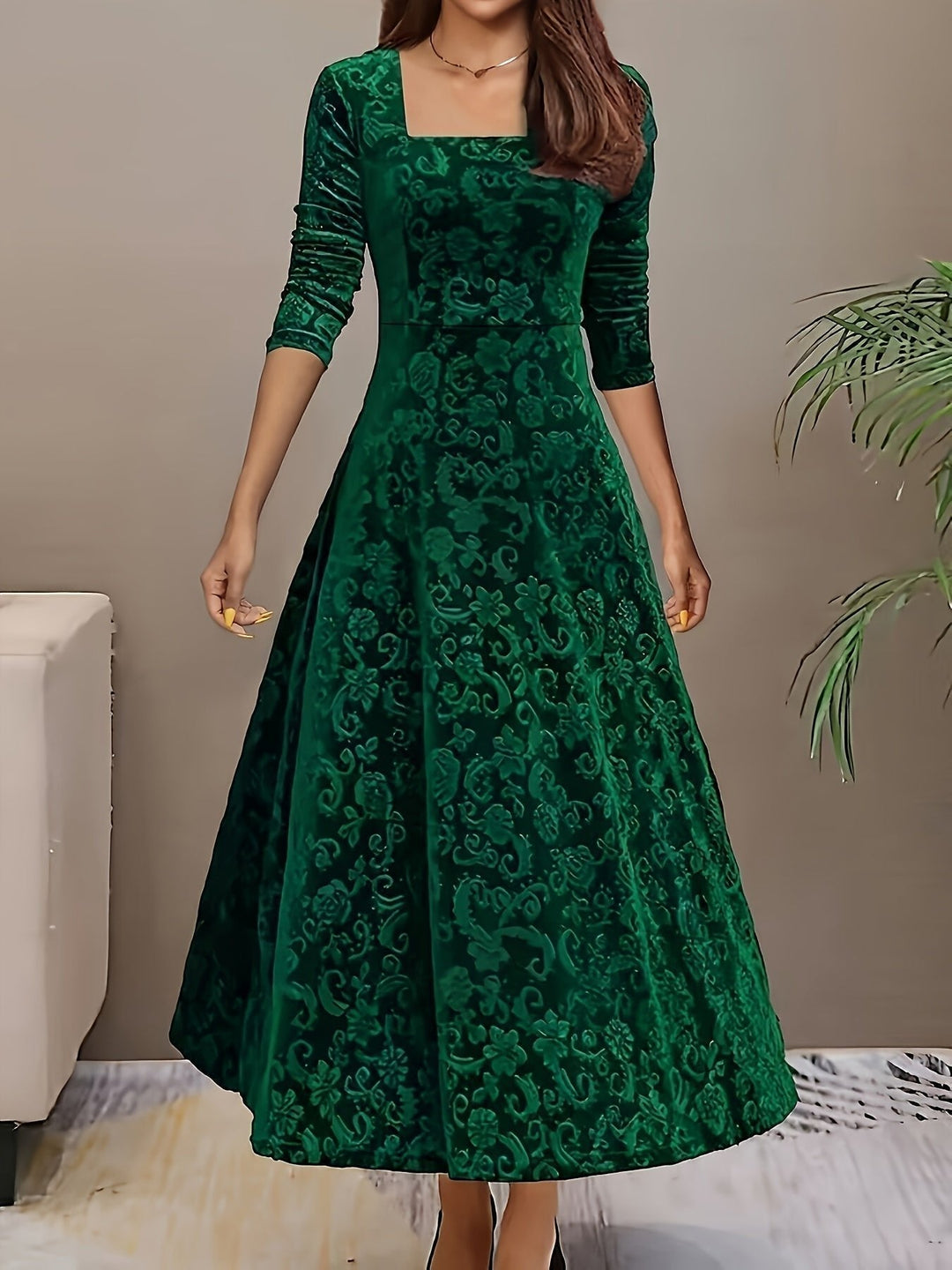 Velvet Midi Dress Square-Neck A-Line Embossed Floral