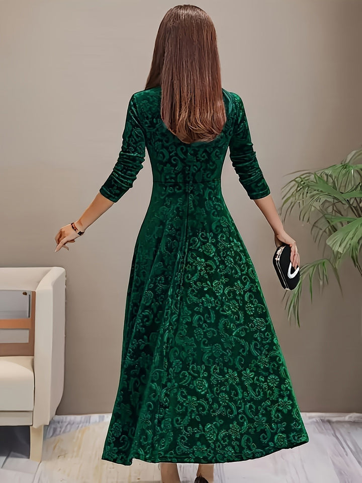 Velvet Midi Dress Square-Neck A-Line Embossed Floral