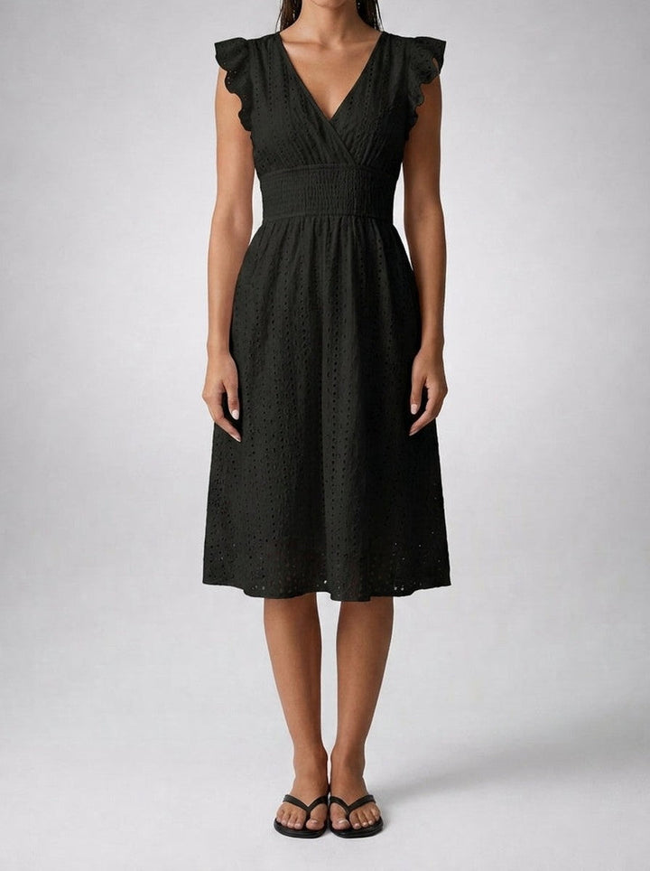 Eyelet Midi Dress – Surplice V-Neck & Ruffle Cap Sleeve
