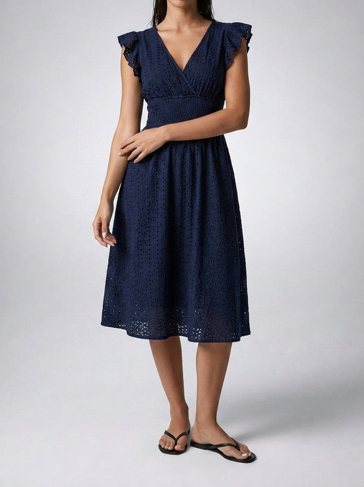 Eyelet Midi Dress – Surplice V-Neck & Ruffle Cap Sleeve