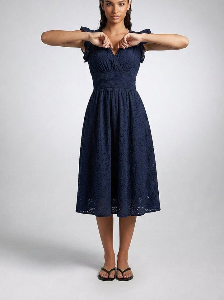 Eyelet Midi Dress – Surplice V-Neck & Ruffle Cap Sleeve