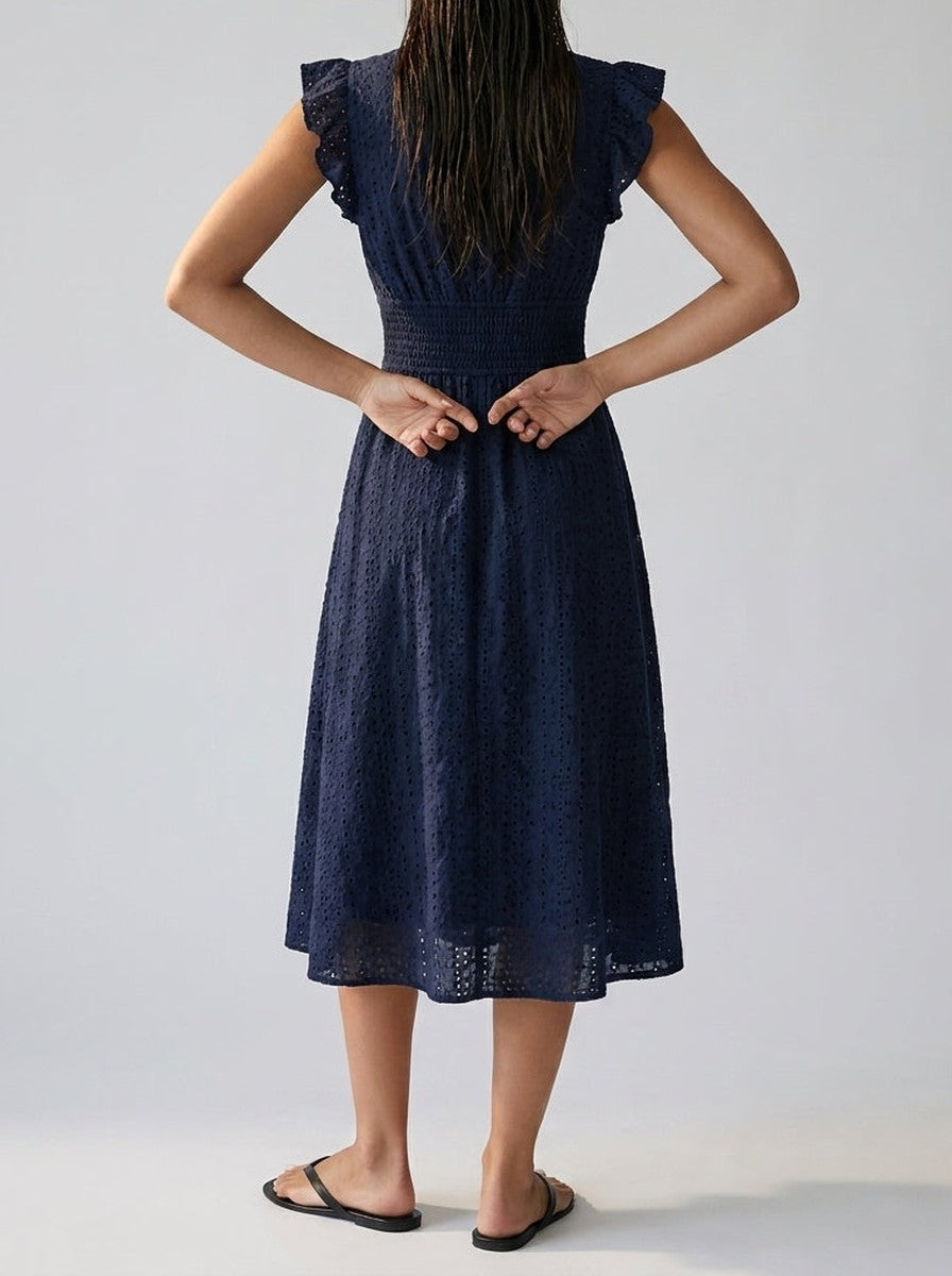 Eyelet Midi Dress – Surplice V-Neck & Ruffle Cap Sleeve