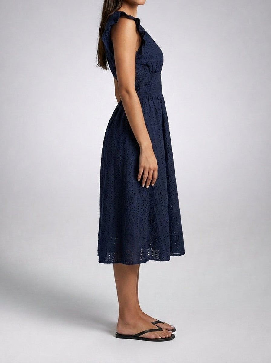 Eyelet Midi Dress – Surplice V-Neck & Ruffle Cap Sleeve