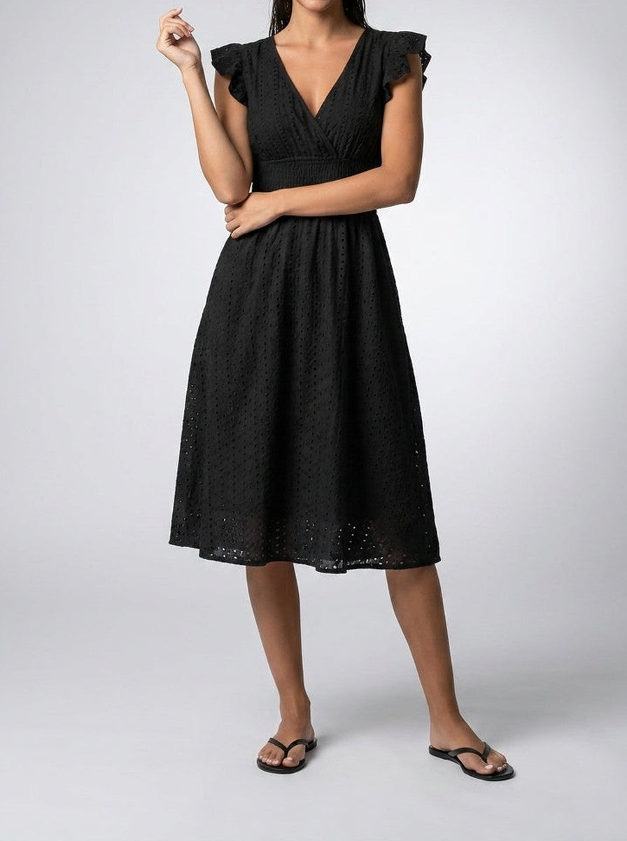 Eyelet Midi Dress – Surplice V-Neck & Ruffle Cap Sleeve
