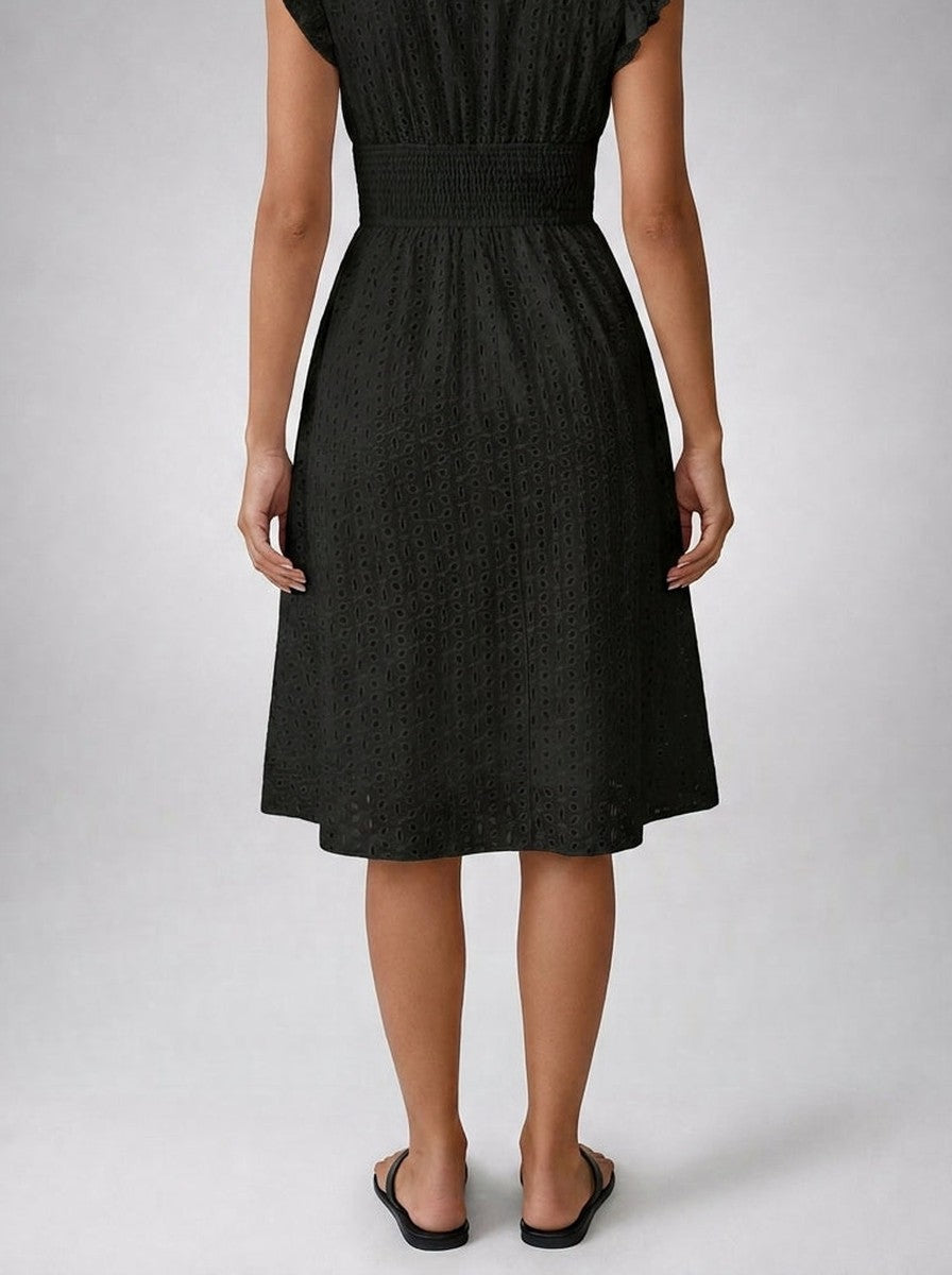 Eyelet Midi Dress – Surplice V-Neck & Ruffle Cap Sleeve
