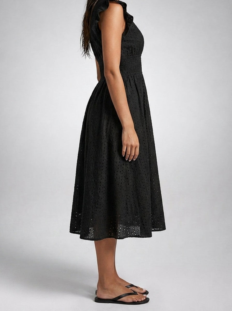 Eyelet Midi Dress – Surplice V-Neck & Ruffle Cap Sleeve