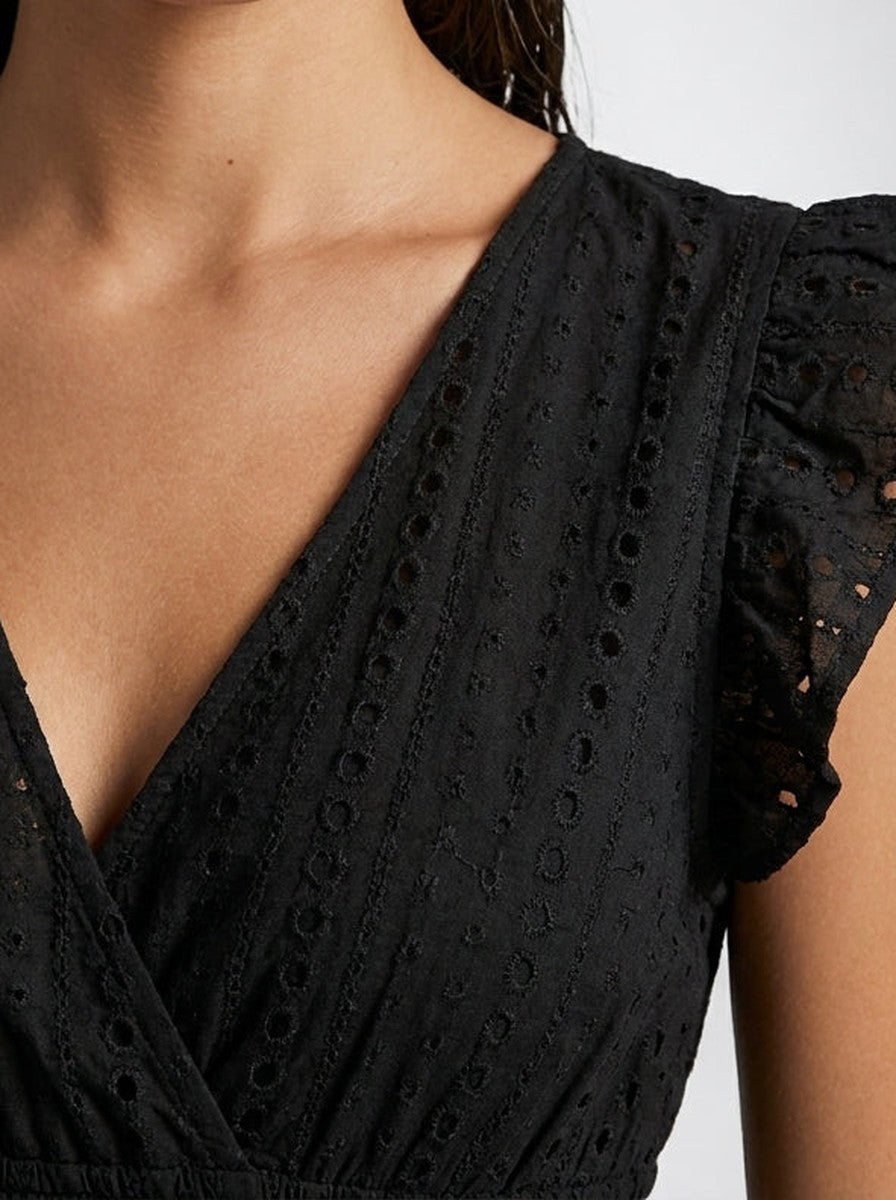 Eyelet Midi Dress – Surplice V-Neck & Ruffle Cap Sleeve