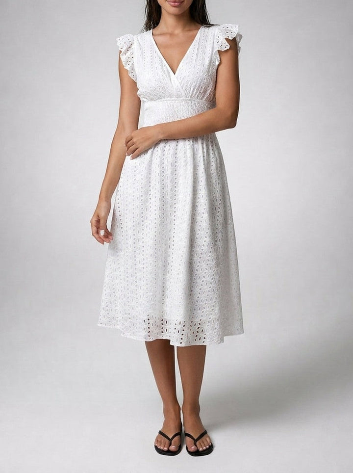 Eyelet Midi Dress – Surplice V-Neck & Ruffle Cap Sleeve