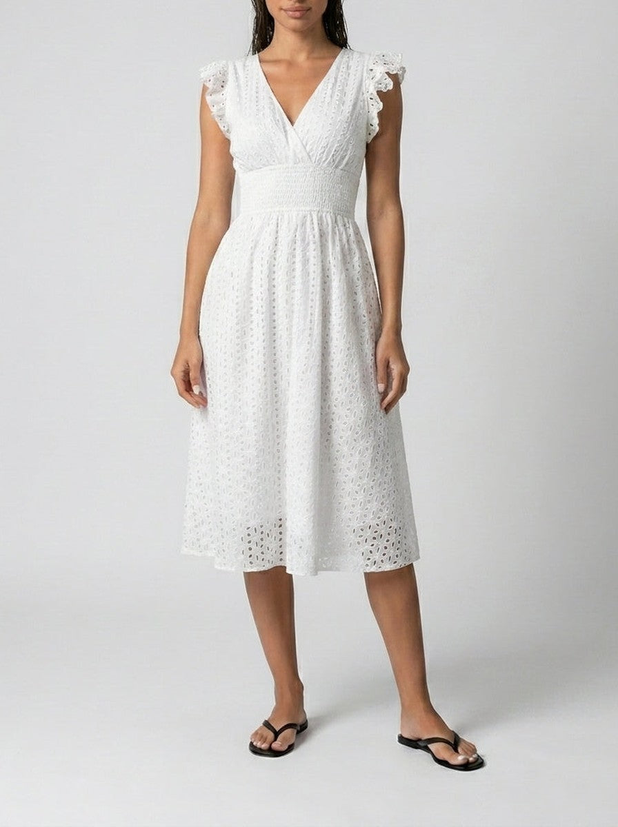 Eyelet Midi Dress – Surplice V-Neck & Ruffle Cap Sleeve