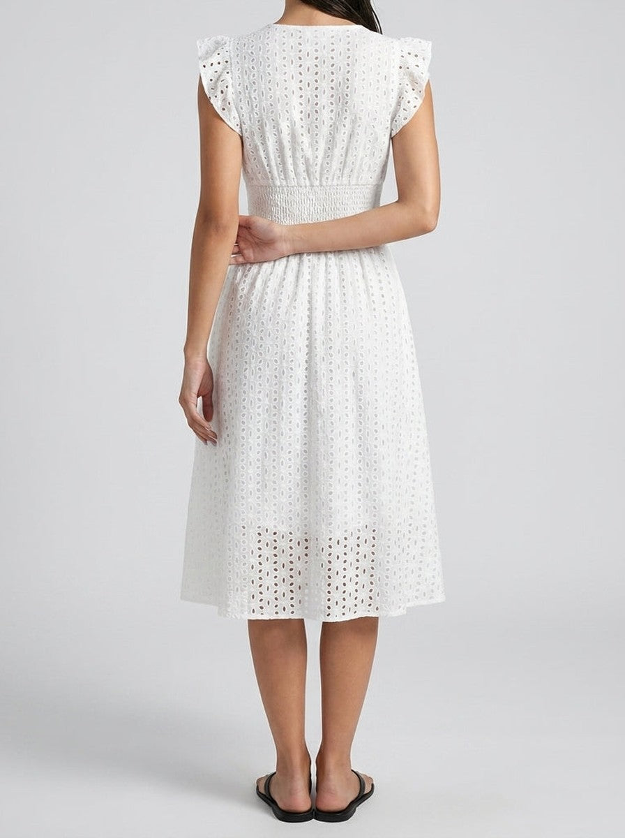 Eyelet Midi Dress – Surplice V-Neck & Ruffle Cap Sleeve