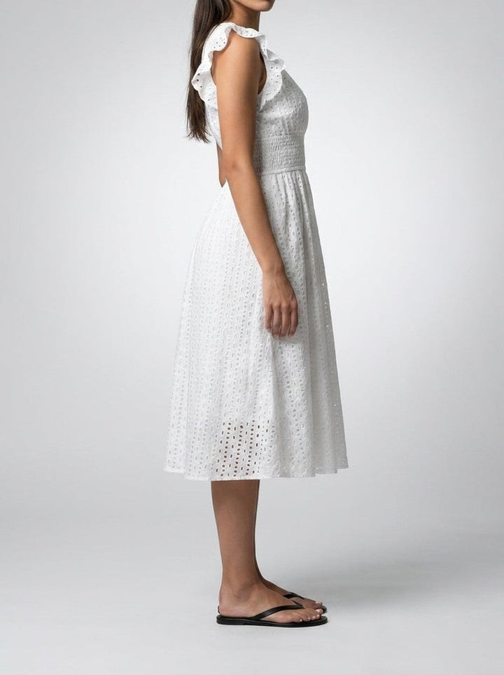Eyelet Midi Dress – Surplice V-Neck & Ruffle Cap Sleeve