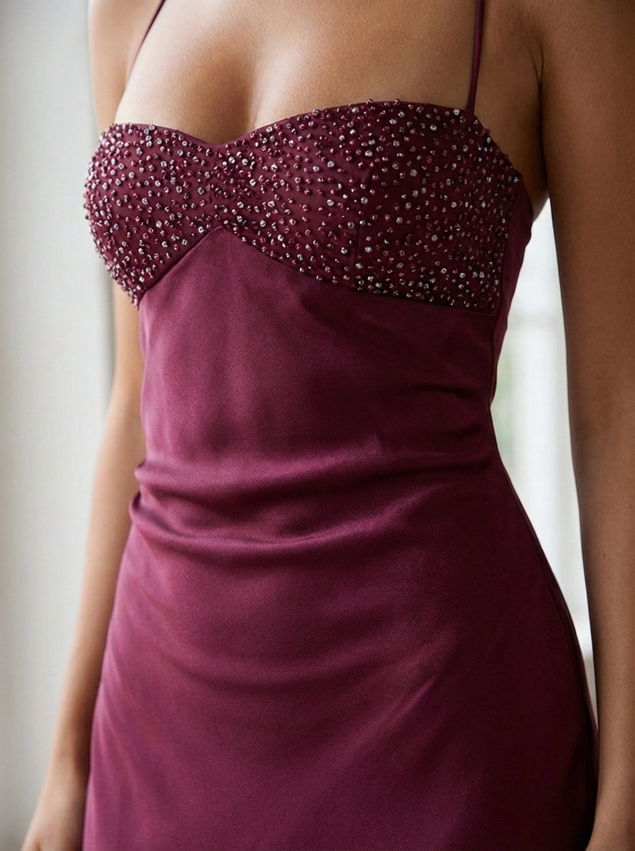 Women's Satin Halter Maxi Dress – Pearl-Beaded Lace-Up Back