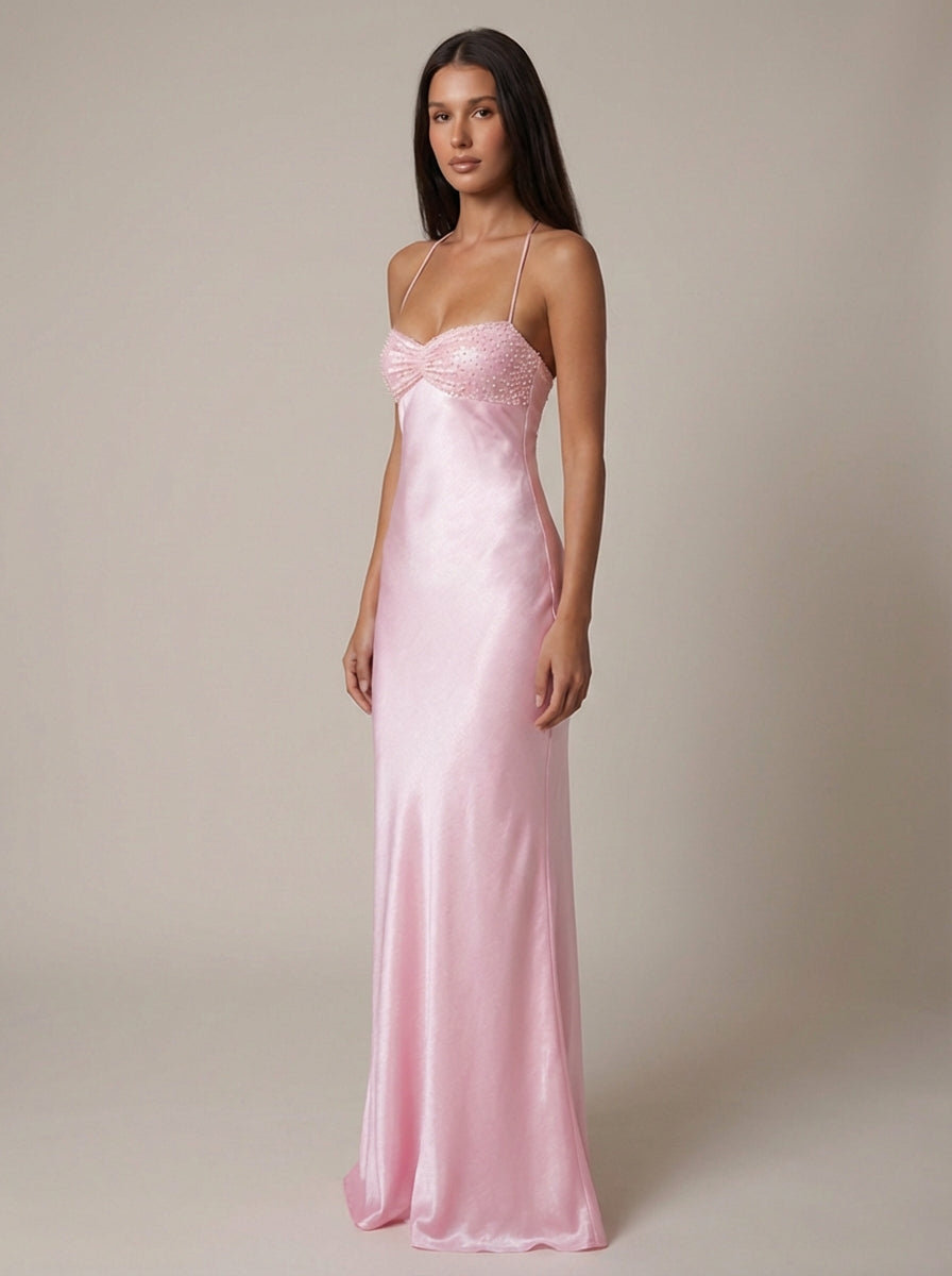 Women's Satin Halter Maxi Dress – Pearl-Beaded Lace-Up Back