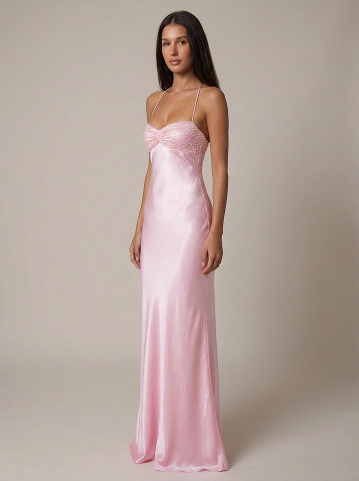Women's Satin Halter Maxi Dress – Pearl-Beaded Lace-Up Back
