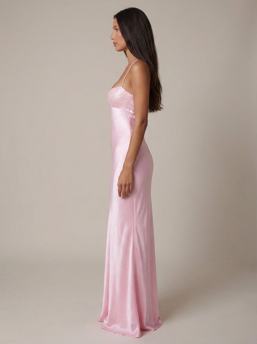 Women's Satin Halter Maxi Dress – Pearl-Beaded Lace-Up Back