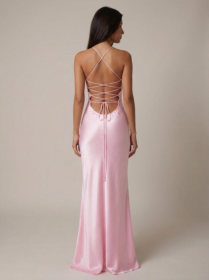 Women's Satin Halter Maxi Dress – Pearl-Beaded Lace-Up Back