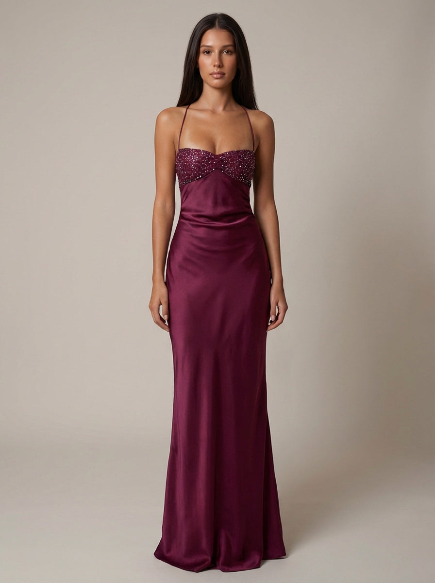 Women's Satin Halter Maxi Dress – Pearl-Beaded Lace-Up Back