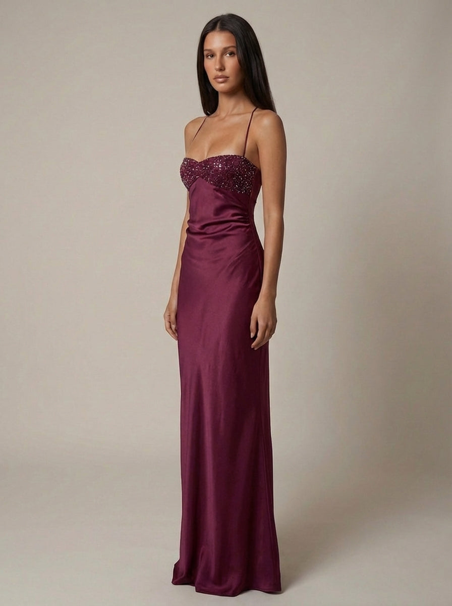 Women's Satin Halter Maxi Dress – Pearl-Beaded Lace-Up Back