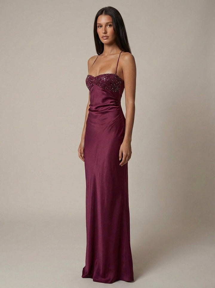 Women's Satin Halter Maxi Dress – Pearl-Beaded Lace-Up Back