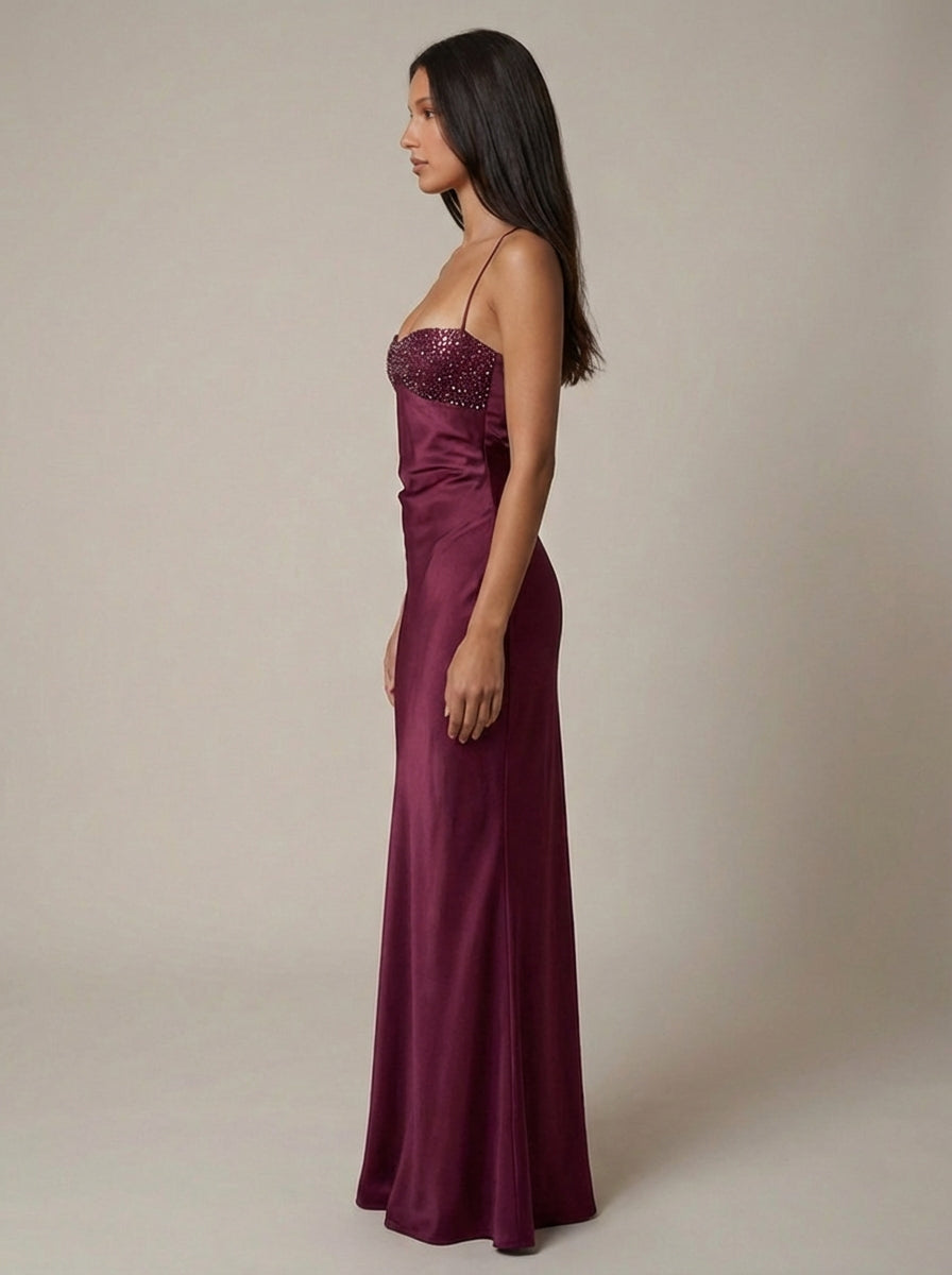 Women's Satin Halter Maxi Dress – Pearl-Beaded Lace-Up Back