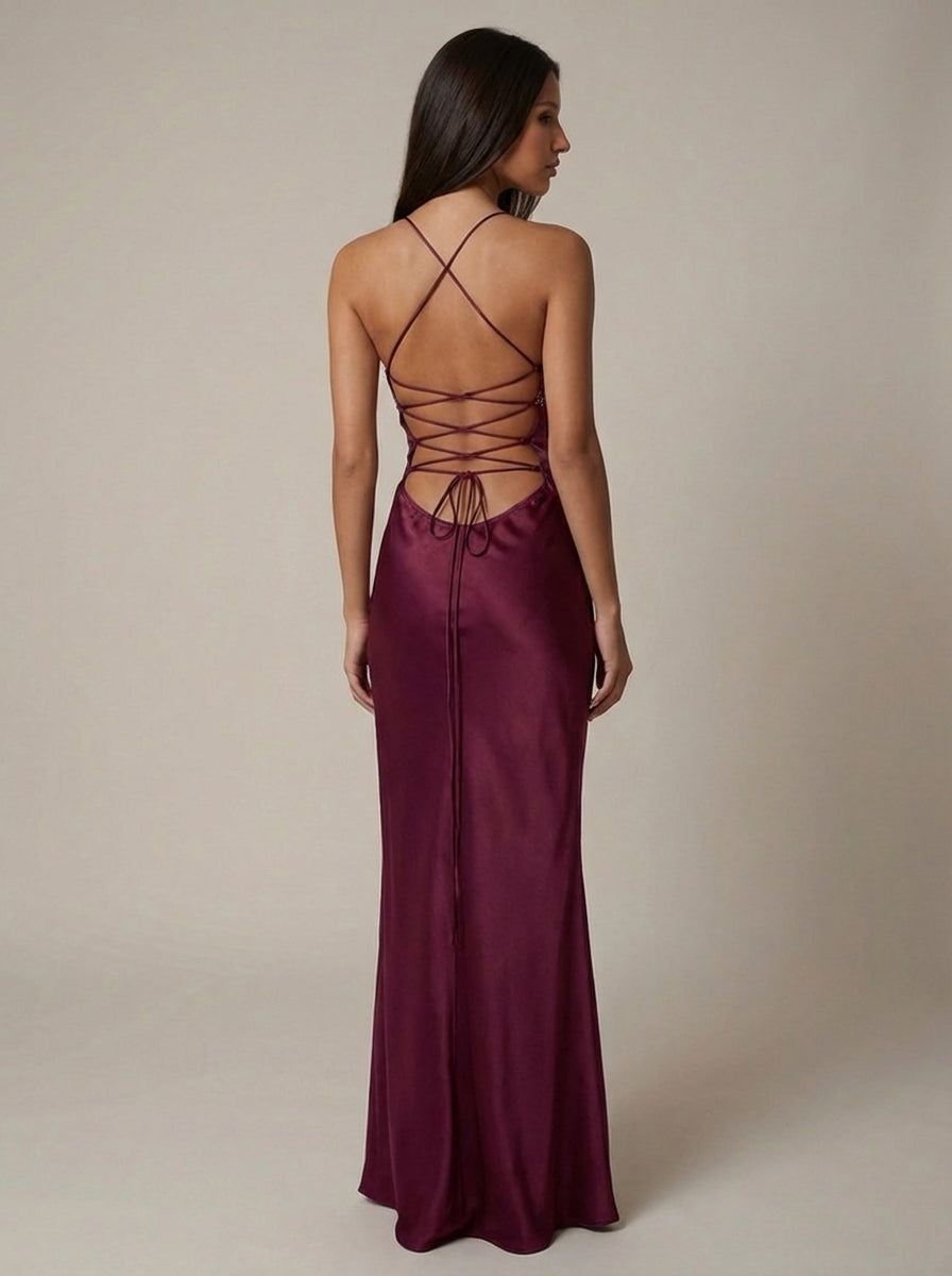 Women's Satin Halter Maxi Dress – Pearl-Beaded Lace-Up Back