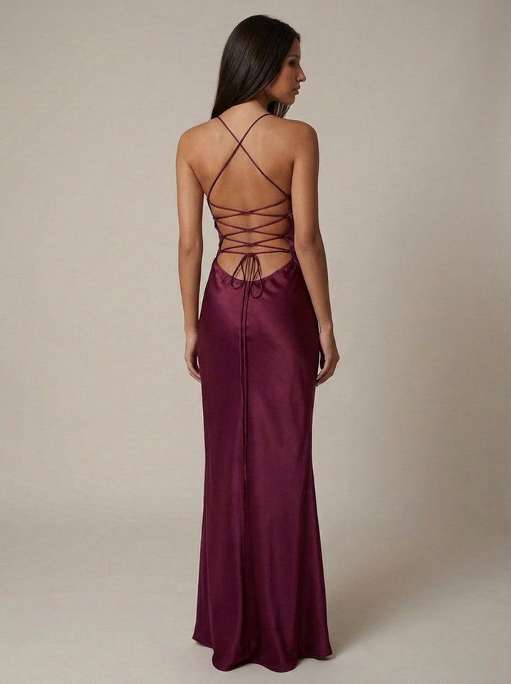 Women's Satin Halter Maxi Dress – Pearl-Beaded Lace-Up Back
