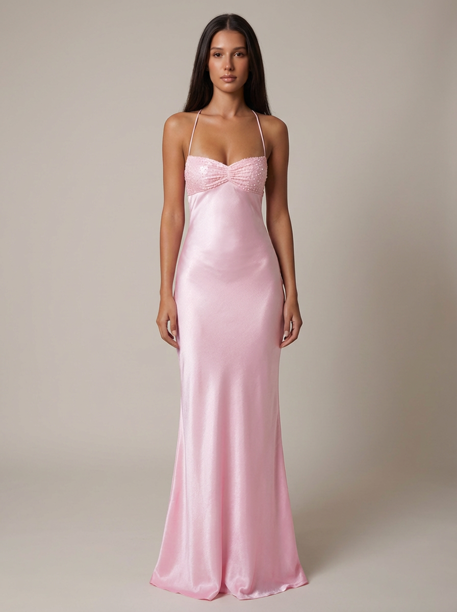 Women's Satin Halter Maxi Dress – Pearl-Beaded Lace-Up Back