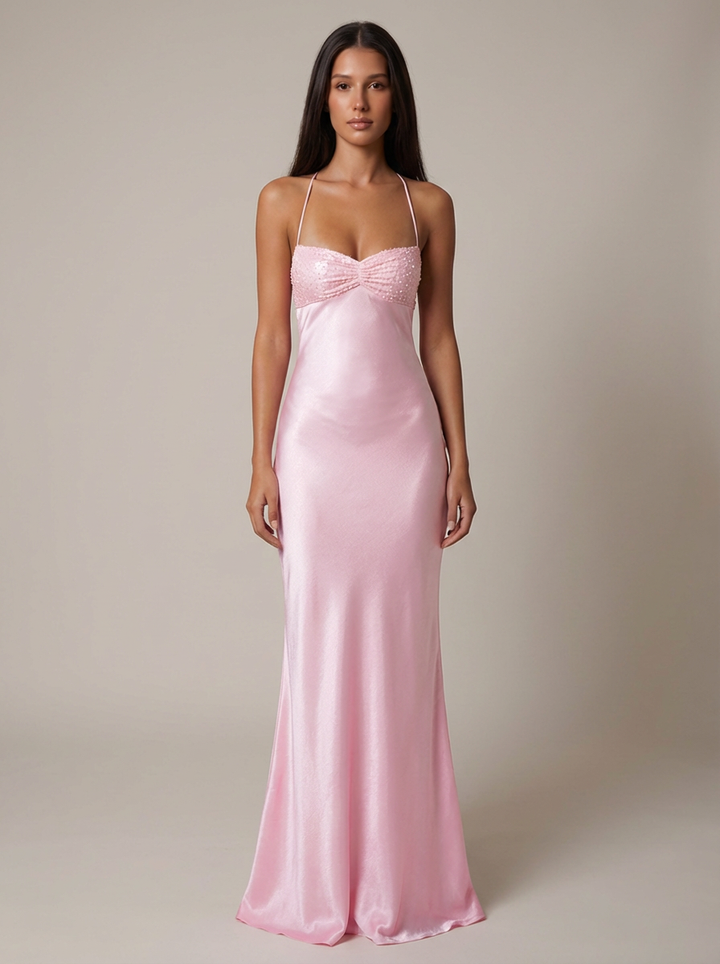 Women's Satin Halter Maxi Dress – Pearl-Beaded Lace-Up Back