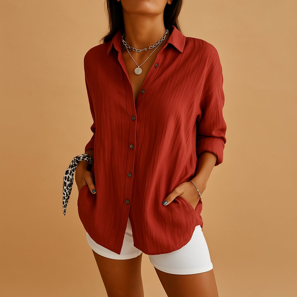 Women's Pleated Lapel Shirt Single-Breasted Button-Down Blouse