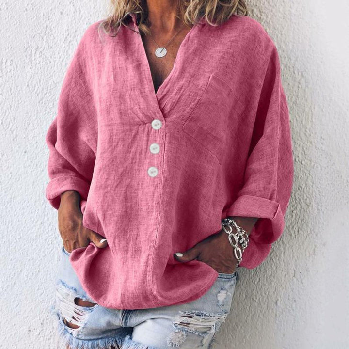 Women's Linen Blouse V-Neck Long Sleeve – Relaxed Pullover