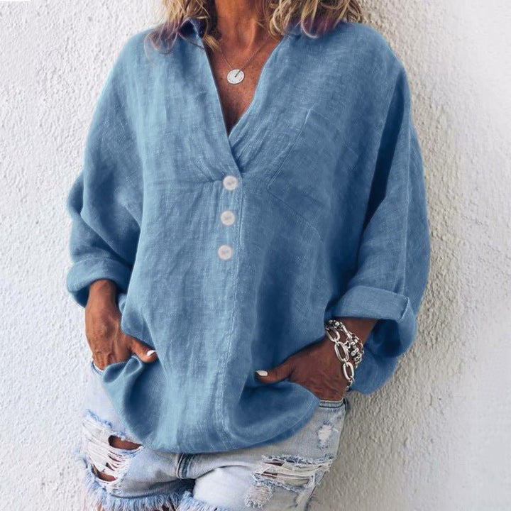 Women's Linen Blouse V-Neck Long Sleeve – Relaxed Pullover
