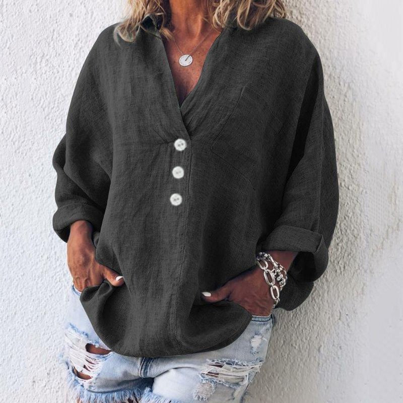 Women's Linen Blouse V-Neck Long Sleeve – Relaxed Pullover
