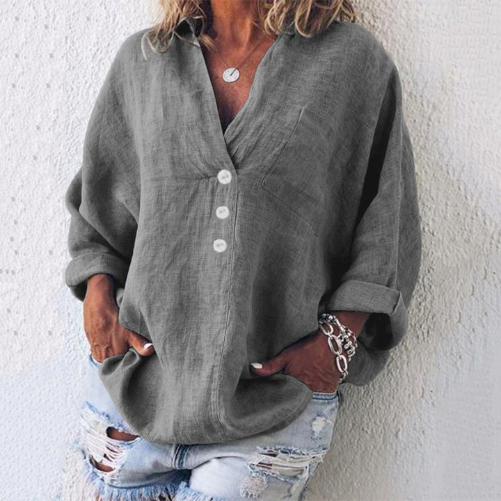 Women's Linen Blouse V-Neck Long Sleeve – Relaxed Pullover