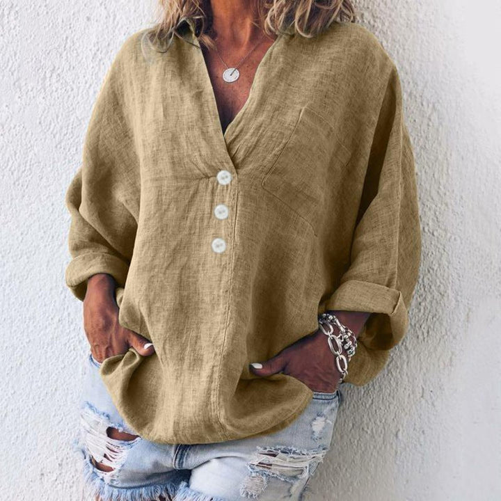 Women's Linen Blouse V-Neck Long Sleeve – Relaxed Pullover