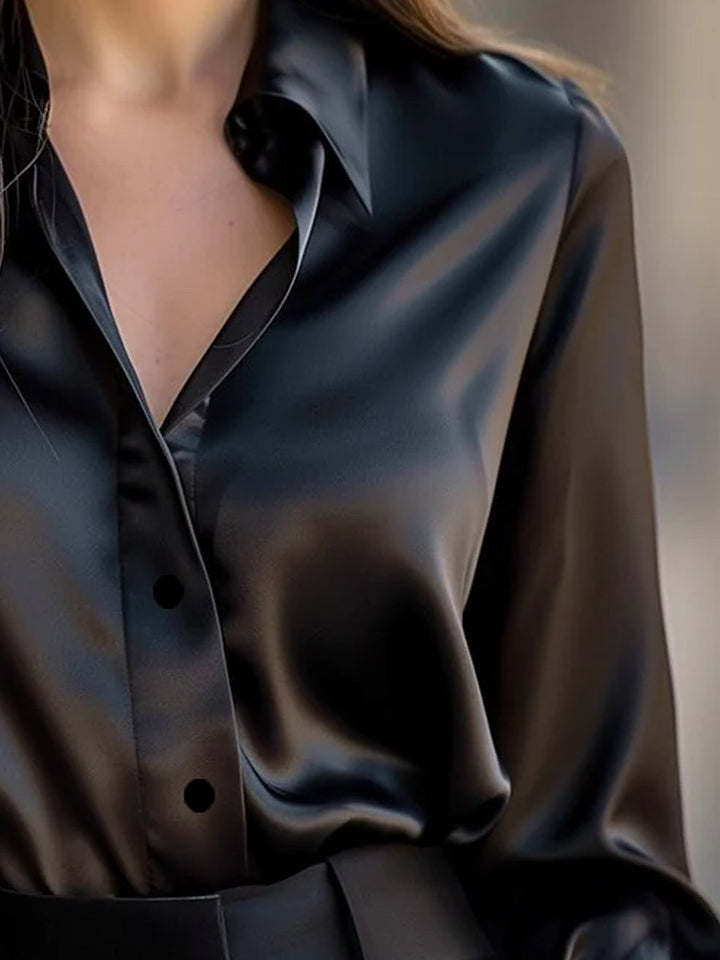 Women's Satin Long Sleeve Blouse Lapel Collar – Relaxed Lightweight