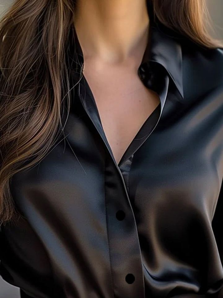 Women's Satin Long Sleeve Blouse Lapel Collar – Relaxed Lightweight