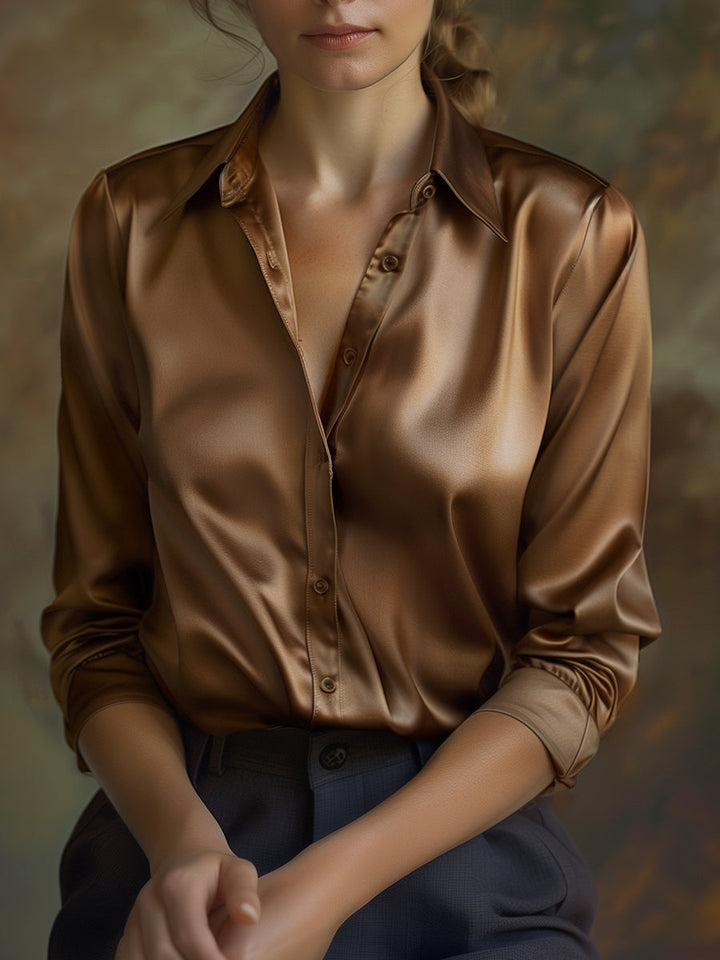 Women's Satin Long Sleeve Blouse Lapel Collar – Relaxed Lightweight