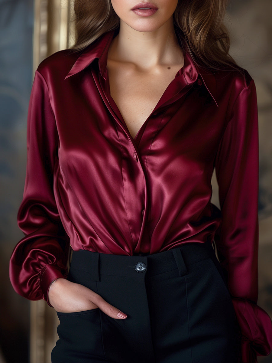 Women's Satin Long Sleeve Blouse Lapel Collar – Relaxed Lightweight