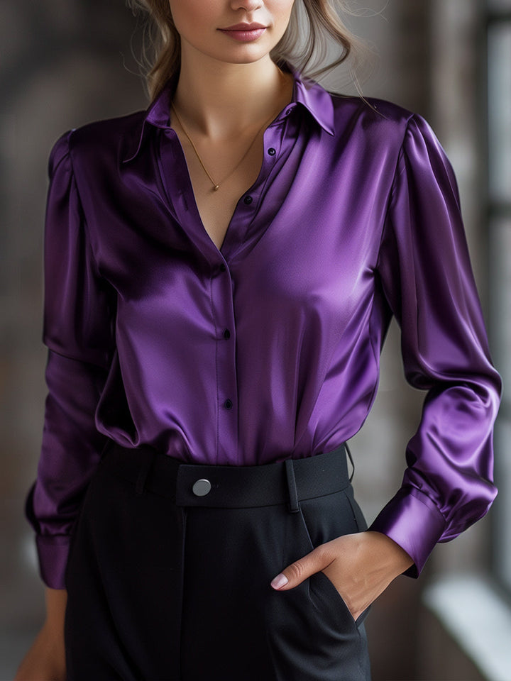 Women's Satin Long Sleeve Blouse Lapel Collar – Relaxed Lightweight
