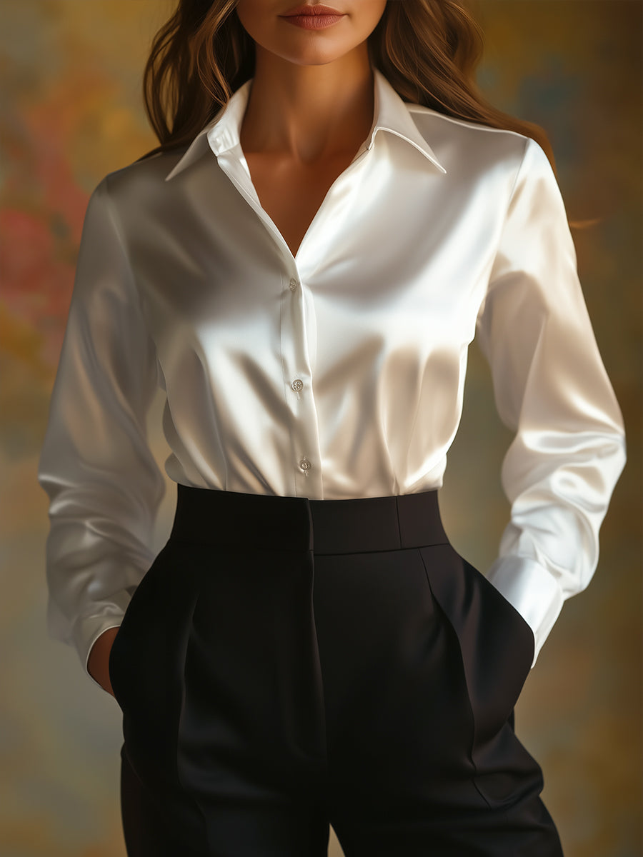 Women's Satin Long Sleeve Blouse Lapel Collar – Relaxed Lightweight