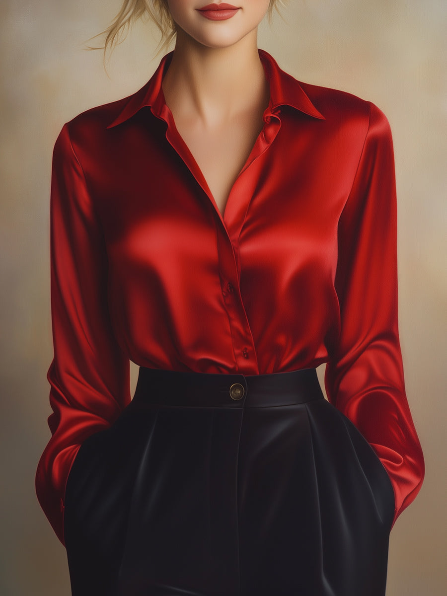 Women's Satin Long Sleeve Blouse Lapel Collar – Relaxed Lightweight