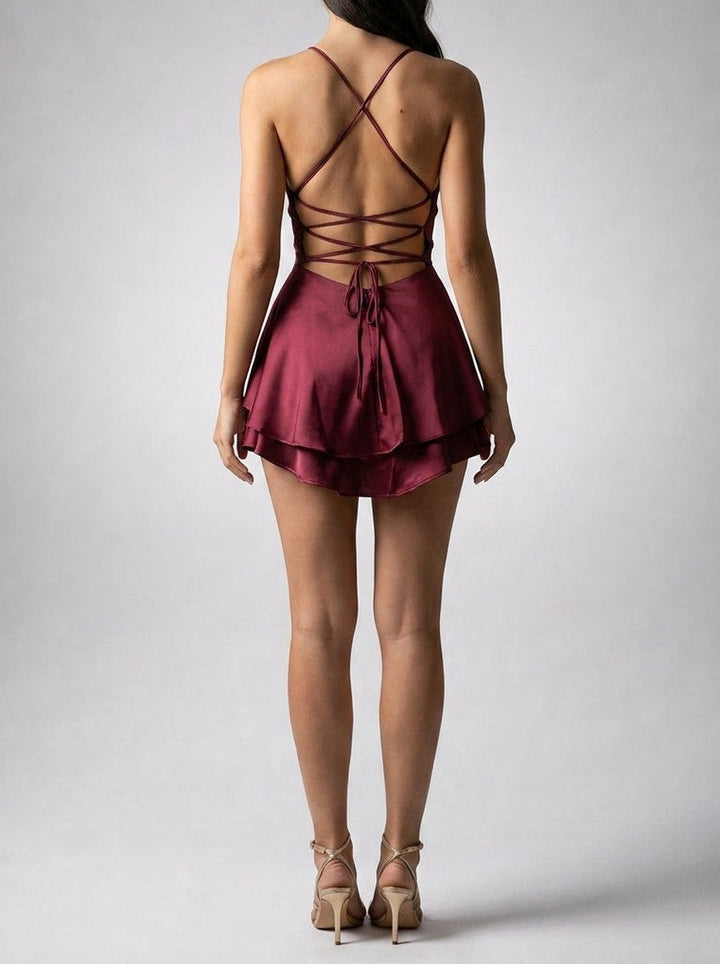 Mini Dress – Cowl Neck Spaghetti Strap, Flounce Hem A-Line