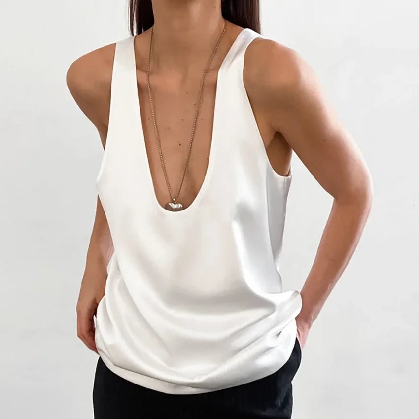 Satin Tank Top – Women's Plunging U-Neck Sleeveless Relaxed Fit