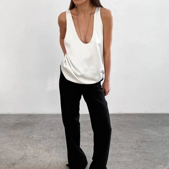 Satin Tank Top – Women's Plunging U-Neck Sleeveless Relaxed Fit