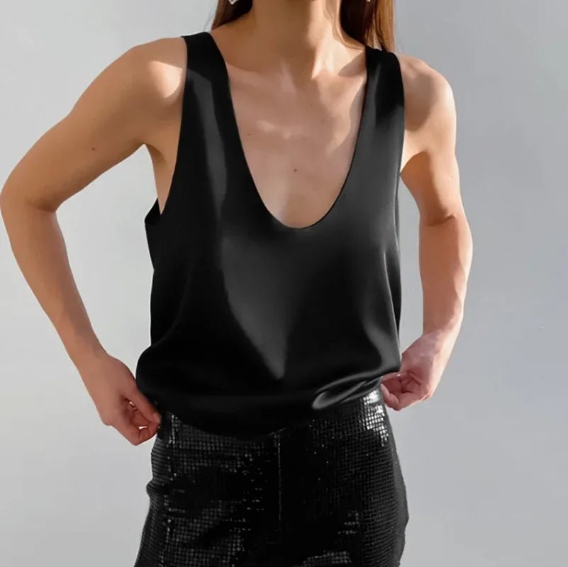 Satin Tank Top – Women's Plunging U-Neck Sleeveless Relaxed Fit